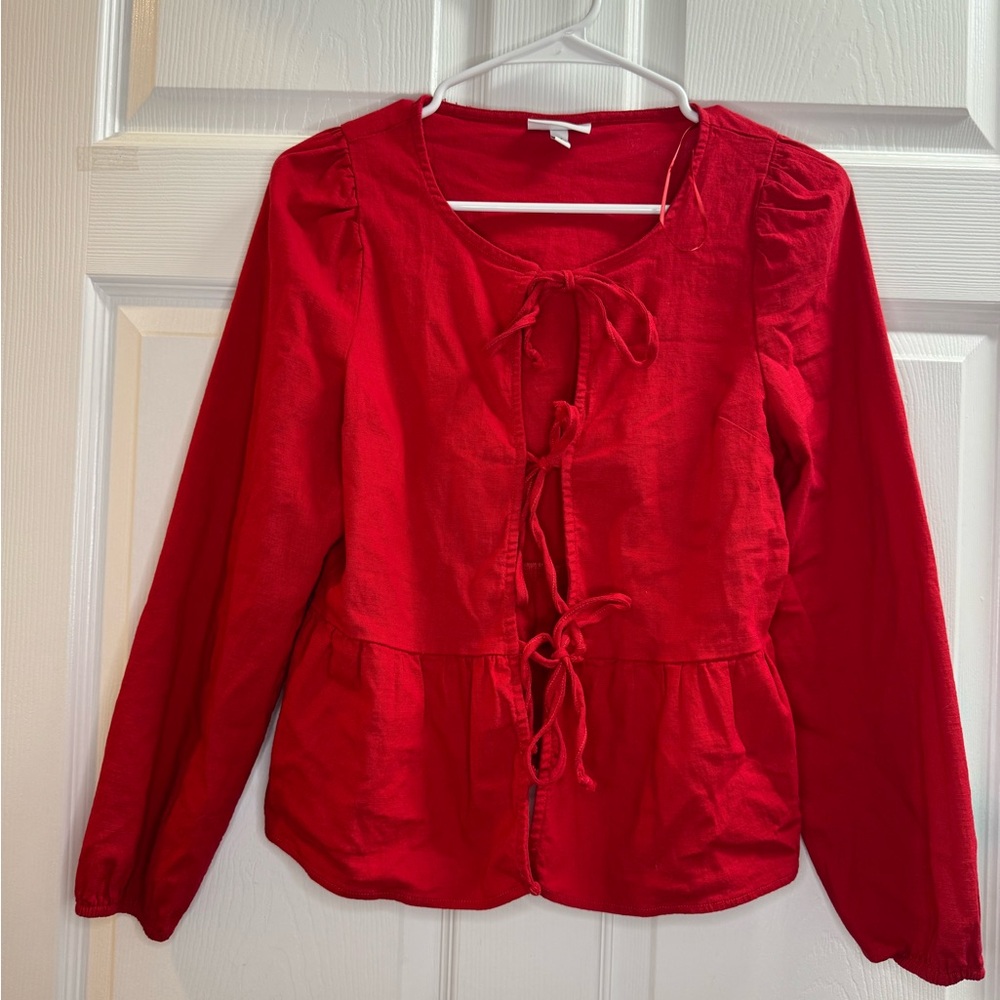 Tie-Front Red Long Sleeve Blouse